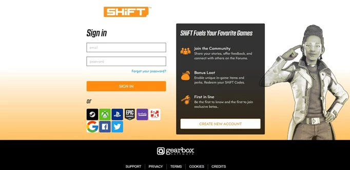 The Shift site where you can redeem codes for Borderlands 1