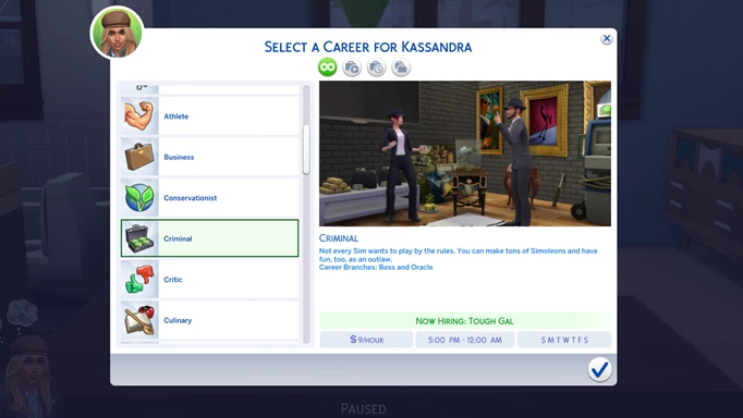 The Sims 4: Criminal Career menu