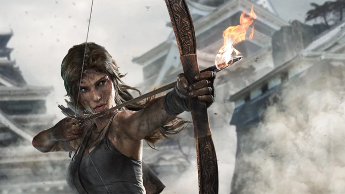 Lara Croft notching a flaming arrow