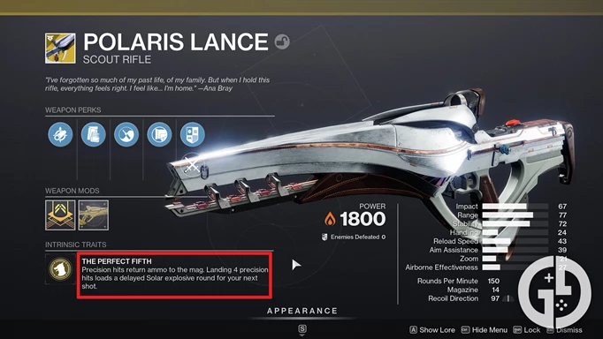 The Polaris Lance exotic scout rifle in Destiny 2