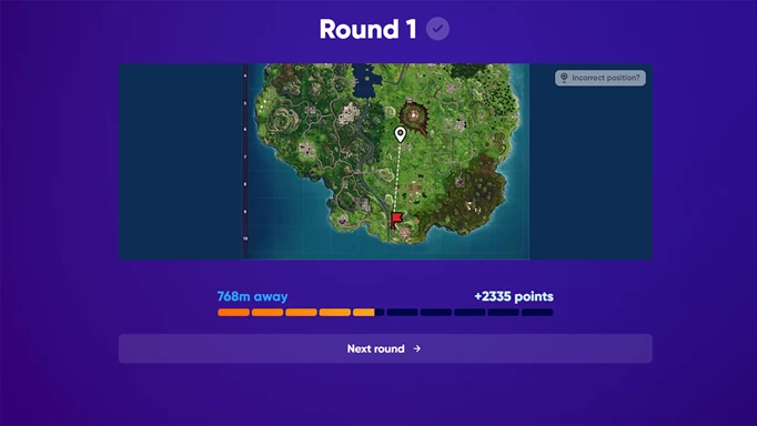 The round ending screen in Fortnite GeoGuessr