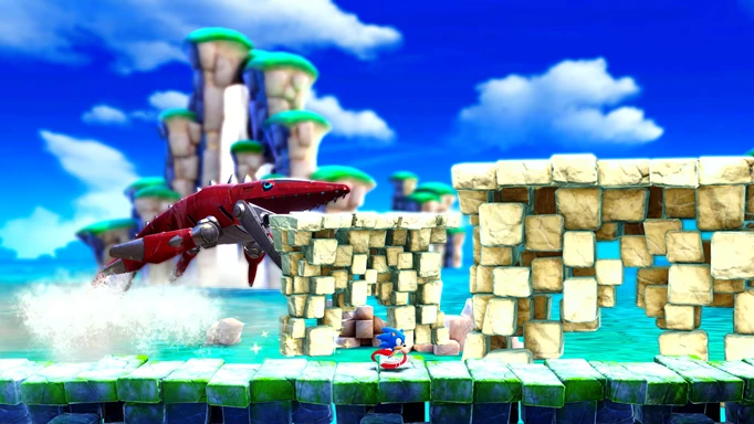A screenshot of Sonic on a green bridge with columns behind