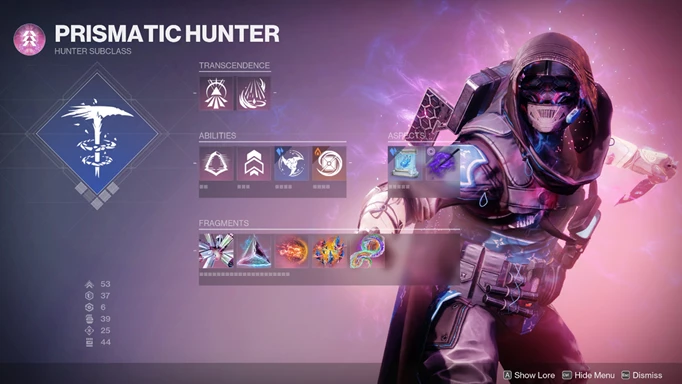 The Prismatic subclass menu for the Hunter in Destiny 2