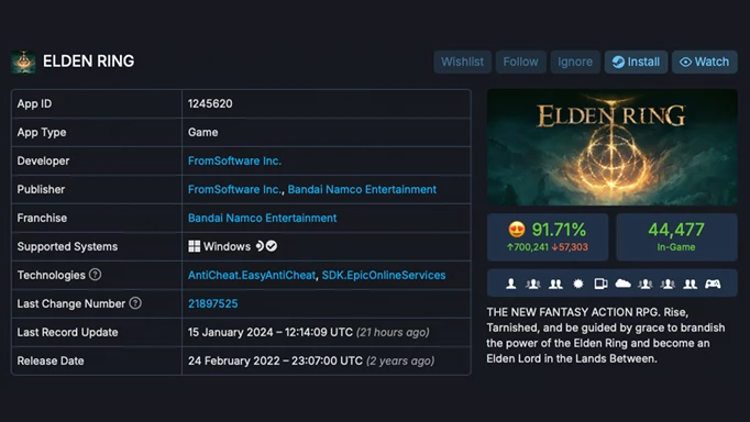 The updated backend of Elden Ring on SteamDB, revealing the game's new update.
