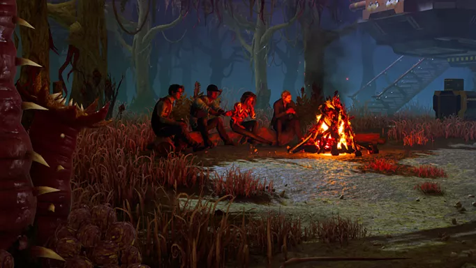 Survivors sitting around a campfire in Dead by Daylight