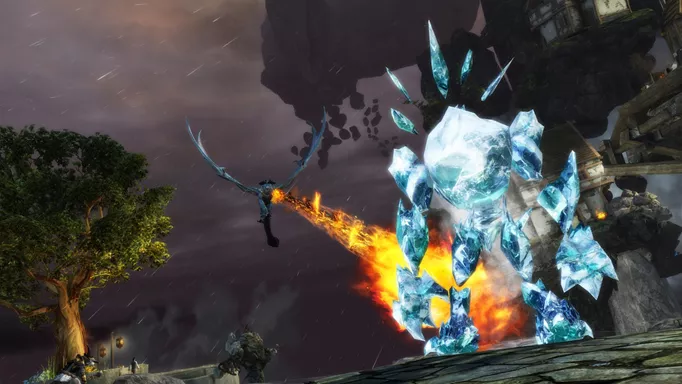 A dragon attacking an ice monster in Guild Wars 2 Secrets of the Obscure
