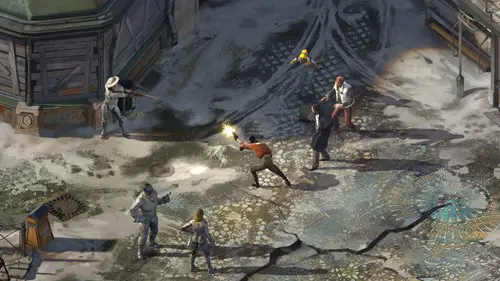 A gun fight in Disco Elysium.