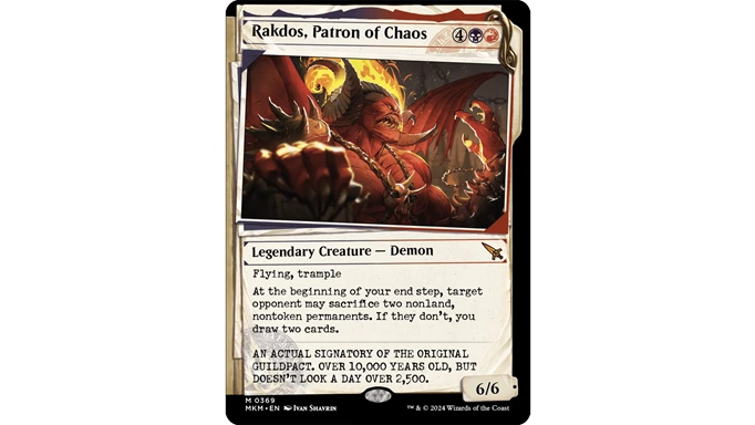 Rakdos Patron of Chaos dossier card from Murders at Karlov Manor