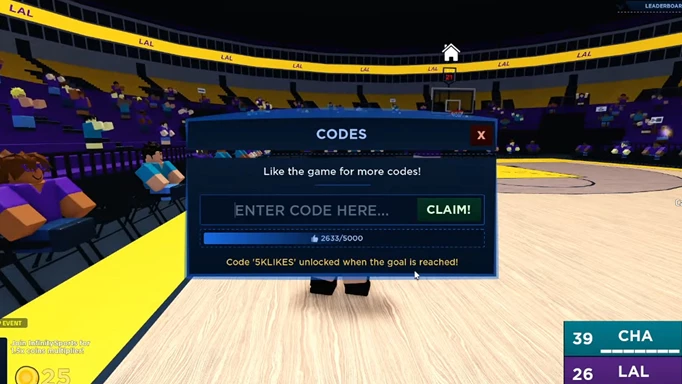 The codes input screen in Basketball Legends
