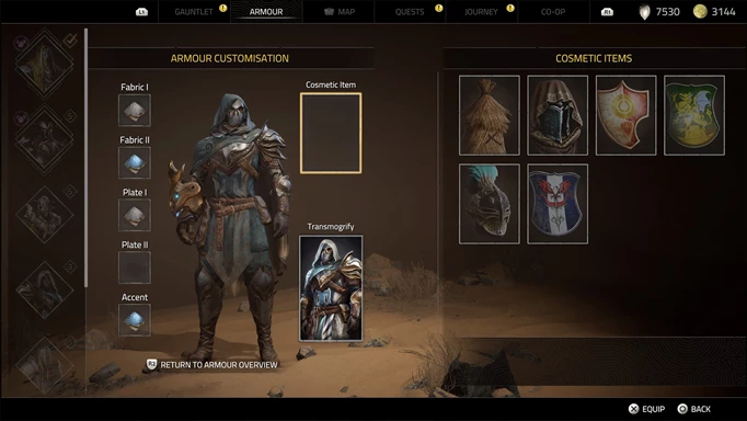 Atlas Fallen in-game screenshot of armour customisation