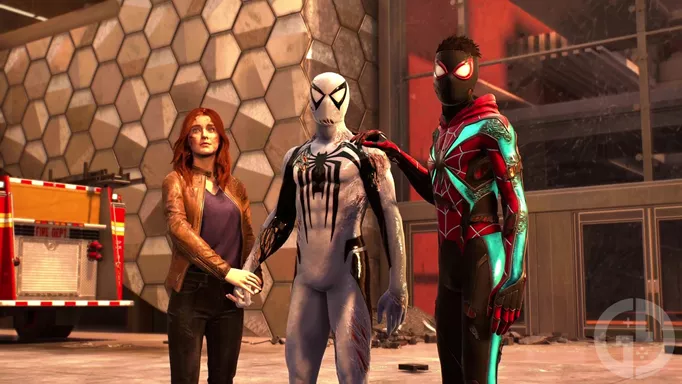 MJ standing with Peter in his Anti-Venom Suit and Miles in his Evolved Suit