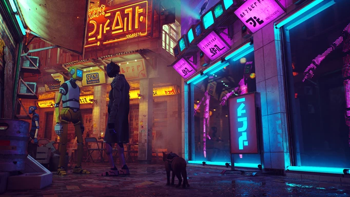 Key art of Stray showing the cat walking through a neon street