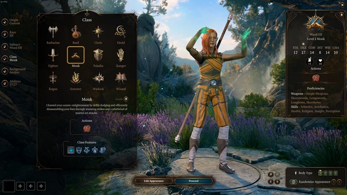an image of the Baldur's Gate 3 Monk class in the character creator