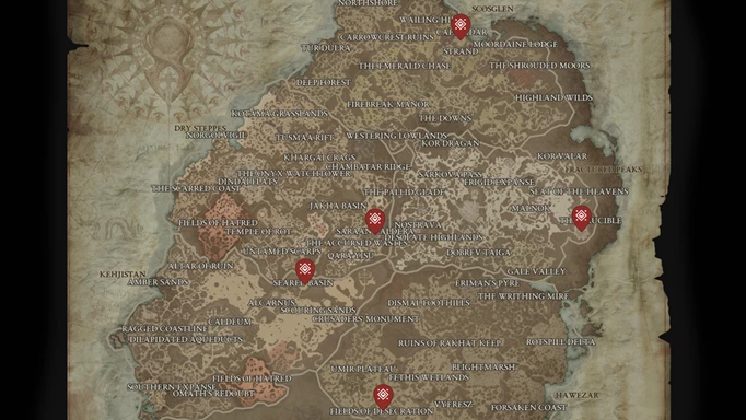 A map showing the potential spawn locations of each of the world bosses in Diablo 4