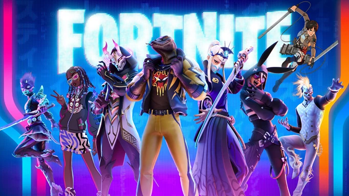 Several characters from Fortnite standing in front of the logo