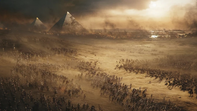a screenshot of a battle in the Total War PHARAOH announcement trailer