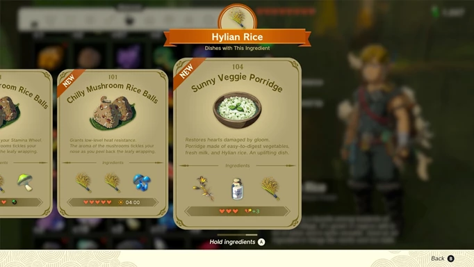 A recipe card from Zelda: Tears of the Kingdom detailing how to make Sunny Veggie Porridge