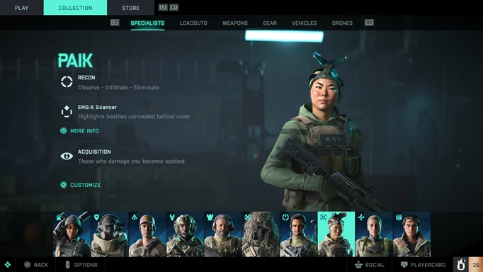 Battlefield 2042 Paik holds a rifle as her abilities are listed on the left.