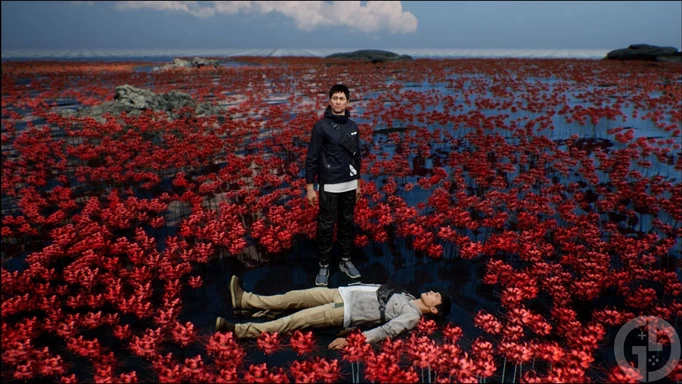 Akito and KK surrounded by Death Flowers in Ghostwire: Tokyo
