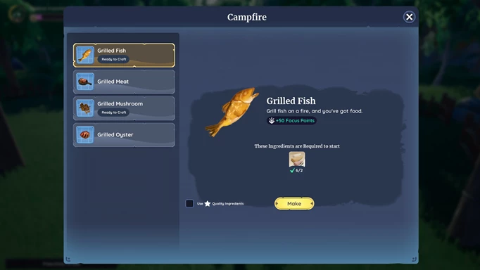Screenshot of campfire recipes in Palia