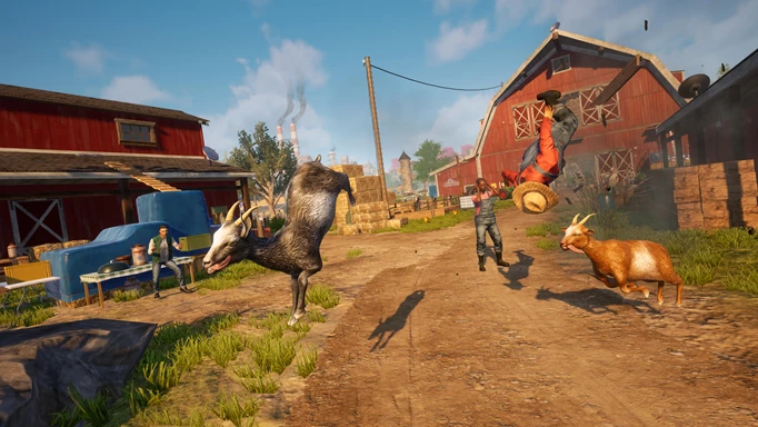 Goat Simulator 3 Mobile screenshot showing a goat fleeing a farm