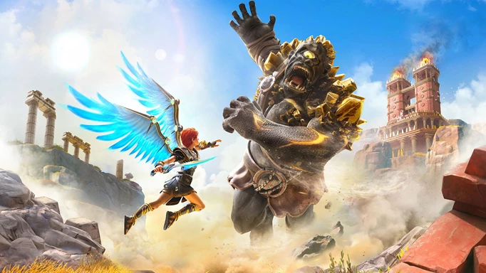 Key art of the main character fighting a cyclops in Immortals Fenyx Rising