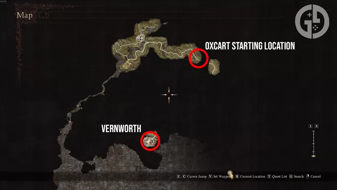 The distance between the Oxcart starting location and Vernworth in Dragon's Dogma 2