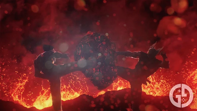 Kazuya and Heihachi fighting in a volcano in Tekken 7