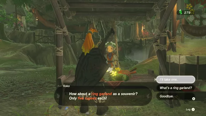a screenshot of Link buying the Ring Garland in Zelda: Tears of the Kingdom