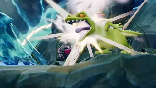 Reptar from Rugrats fighting Invader Zim in Nickelodeon All-Star Brawl 2