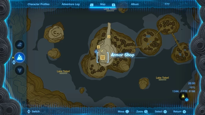 A map from The Legend of Zelda: Tears of the Kingdom showing where the Armor Shop is in Rito village