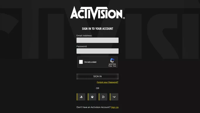 The Activision website sign in page.