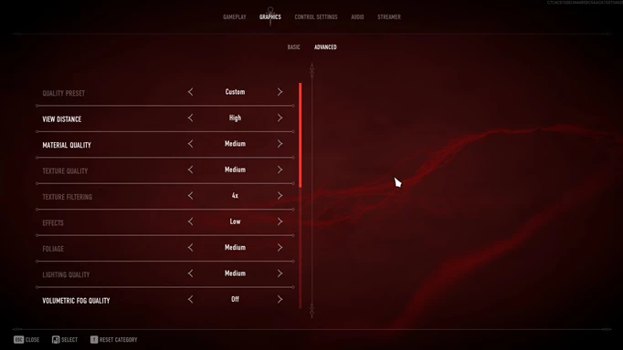 Screenshot showing settings in Bloodhunt
