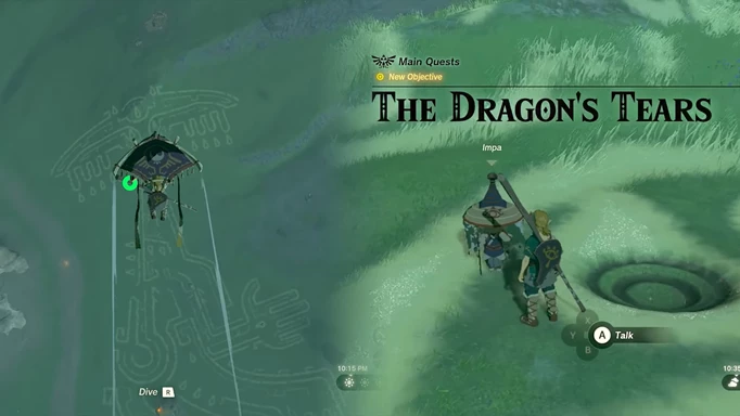 The first Geoglyph in Tears of the Kingdom as seen from above, and getting the quest The Dragon's Tears from Impa