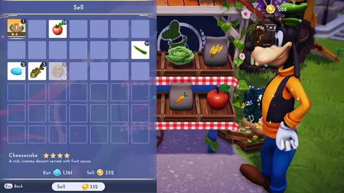 Screenshot showing the sell price for Cheesecake in Disney Dreamlight Valley