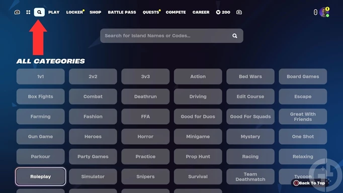 The search screen where you can redeem Roleplay codes in Fortnite