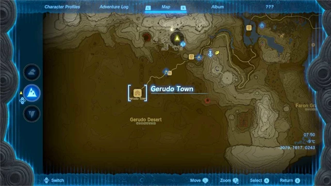 Screenshot of the Gerudo Town map location in Zelda: Tears of the Kingdom