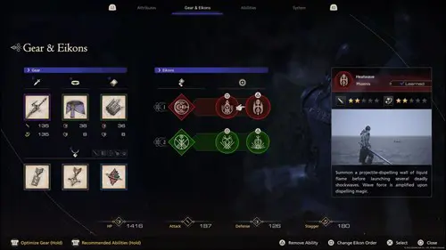 An in-game menu showing where to equip Heatwave in the Gear & Eikons section in Final Fantasy 16
