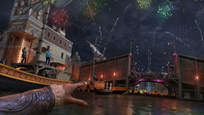 Assassin's Creed Nexus VR screenshot showing a fireworks display