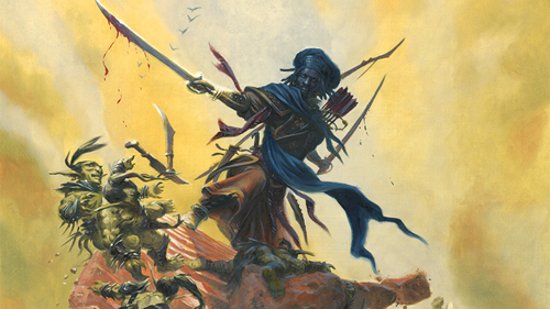 A swordsman atop a crumbling pillar of rock facing off against goblins in official Dungeons and Dragons art.