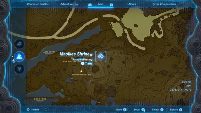 image of the Tears of the Kingdom map showing the Maoikes Shrine location
