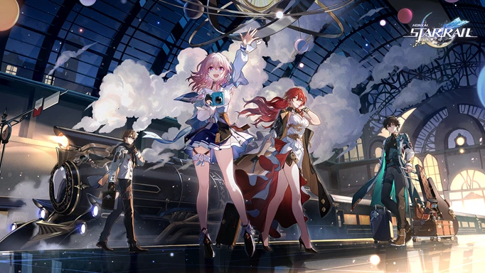 Image shows key art from Honkai: Star Rail, featuring a number of characters flanked by the Astral Express