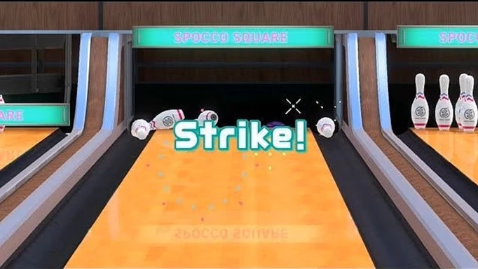 A strike in Nintendo Switch Sports bowling.