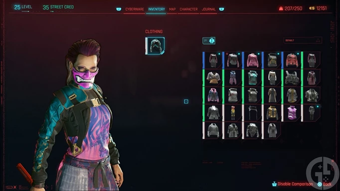 The clothing menu in Cyberpunk 2077