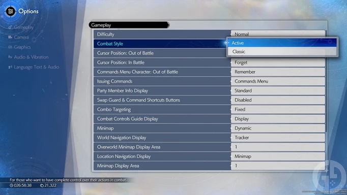 The combat style options menu in Final Fantasy 7 Rebirth