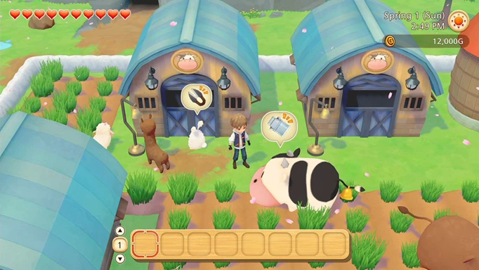 The player manages their farm with a cow in Story of Seasons: Pioneers of Olive Town