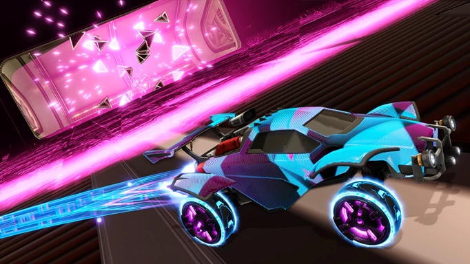 Image of a neon pink and blue car in Rocket League