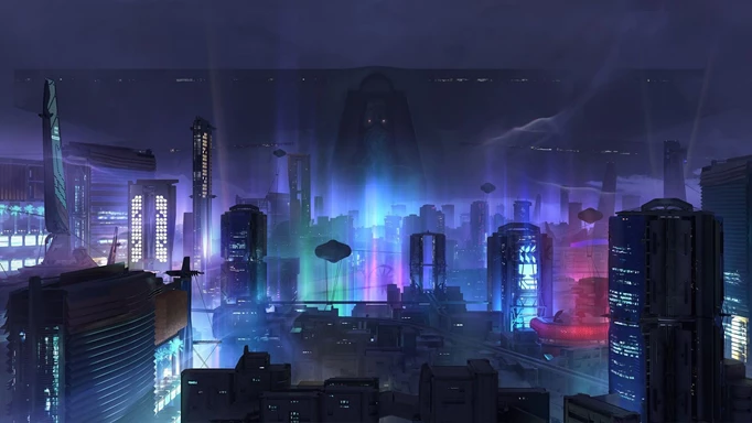 Destiny 2 Lightfall raid: The Neomuna skyline at night, with Calus' ship in the background