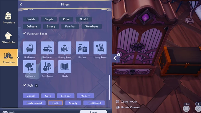 Disney Dreamlight Valley screenshot of the furniture filter mechanic