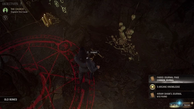 an image of Midnight Suns gameplay showing the Faded Journal page in the cave behind Hiram Shaw's Church